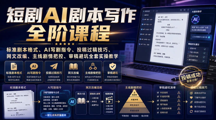 短剧AI剧本写作全阶课程|标准剧本格式、AI写剧指令、投稿过稿技巧、网文改编、主线剧情把控、审稿避坑全套实操教学-悟空知识星球
