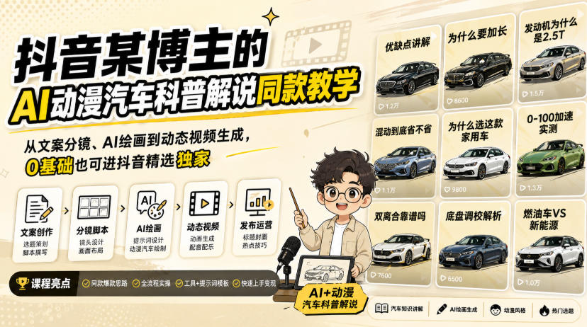 抖音某博主的AI动漫汽车科普解说同款教学，从文案分镜、AI绘画到动态视频生成，0基础解锁抖音精选独家收益-悟空知识星球