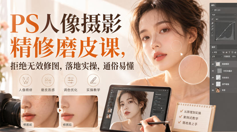 PS人像摄影精修磨皮课，拒绝无效修图，落地实操，通俗易懂-悟空知识星球