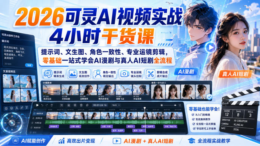2026可灵AI视频实战4小时干货课|提示词、文生图、角色一致性、专业运镜剪辑,零基础一站式学会AI漫剧与真人AI短剧全流程-悟空知识星球