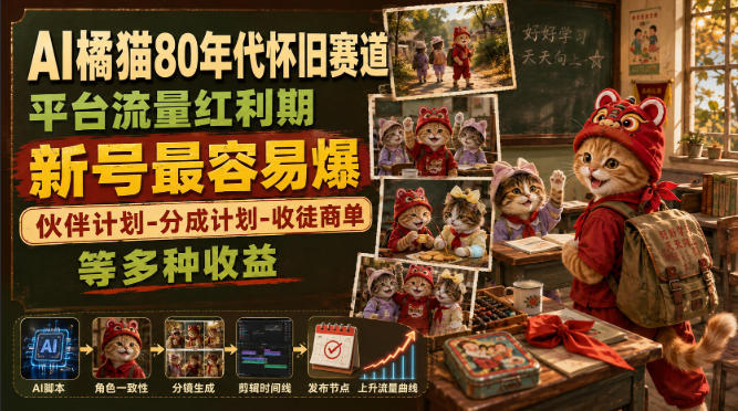 AI橘猫80年代怀旧赛道,平台流量红利期,新号最容易爆,伙伴计划-分成计划-收徒商单等多种收益-悟空知识星球