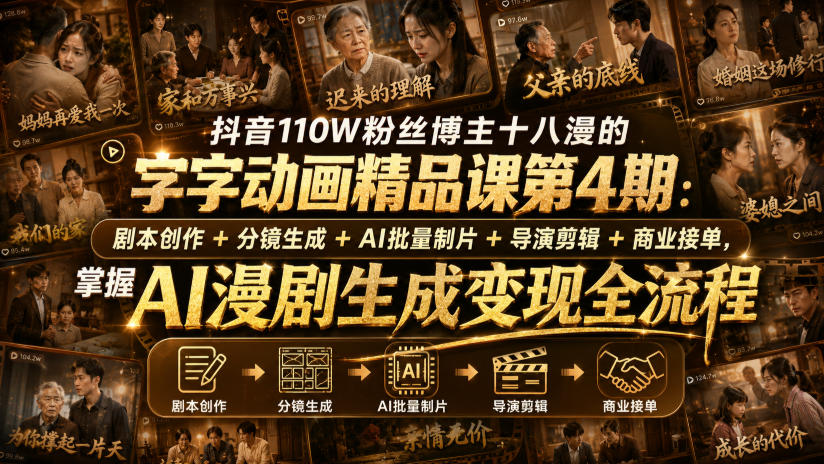 抖音110W粉丝博主十八漫的字字动画精品课第4期：剧本创作+分镜生成+剪辑+商业接单，掌握AI漫剧生成变现全流程-悟空知识星球