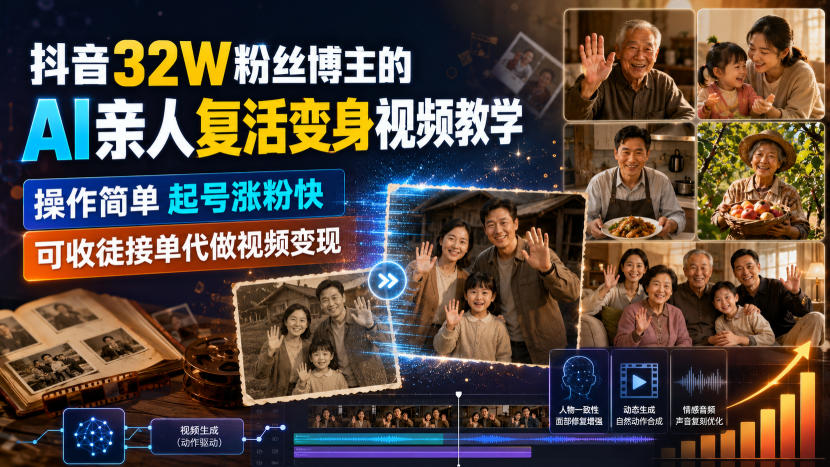 抖音32W粉丝博主的AI亲人复活变身视频教学,操作简单,起号涨粉快,可收徒接单代做视频变现-悟空知识星球