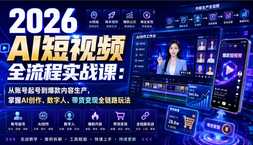 2026 AI短视频全流程实战课：从账号起号到爆款内容生产，掌握AI创作、数字人、带货变现全链路玩法-悟空知识星球