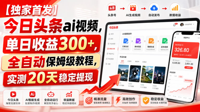 【独家首发】今日头条ai视频，单日收益300+，全自动保姆级教程，实测20天稳定提现【揭秘】-悟空知识星球