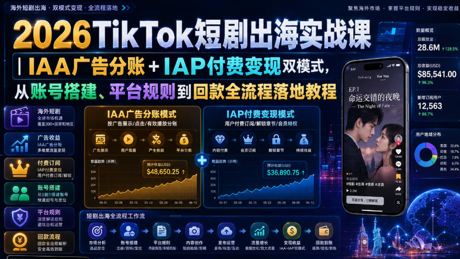 2026TikTok短剧出海实战课｜IAA广告分账+IAP付费变现双模式，从账号搭建、平台规则到回款全流程落地教程-悟空知识星球