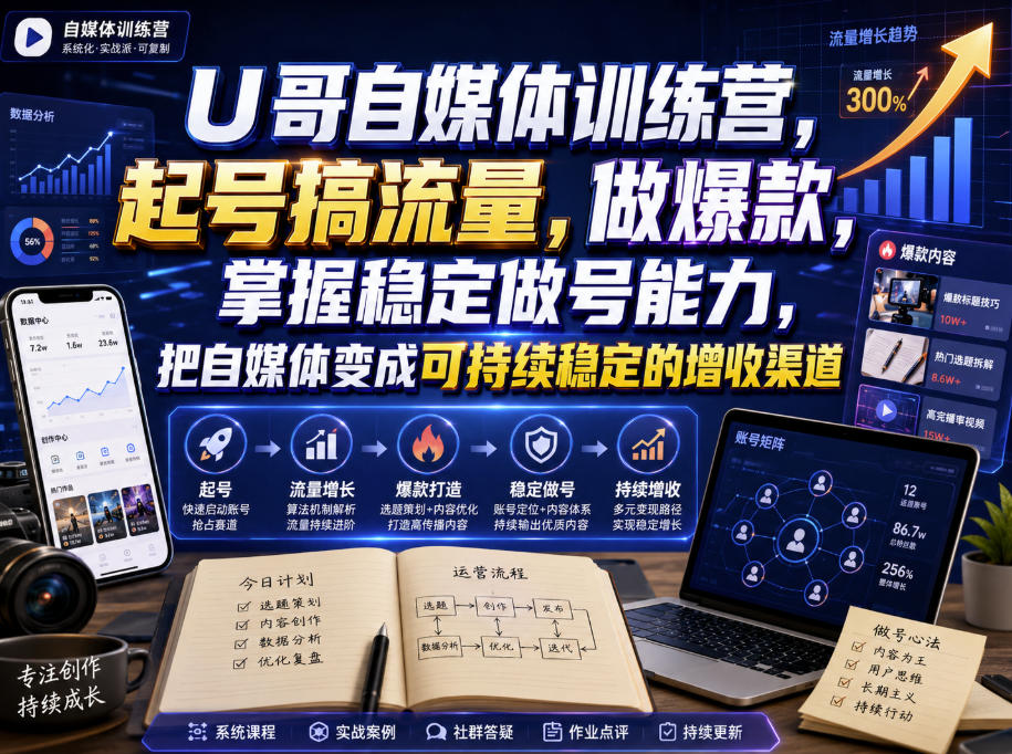 U哥自媒体训练营,起号搞流量,做爆款,掌握稳定做号能力,把自媒体变成可持续稳定的增收渠道-悟空知识星球