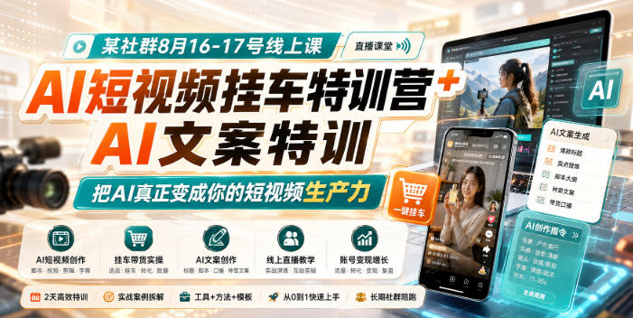 某社群8月16-17号线上课，AI短视频挂车特训营+AI文案特训，把AI真正变成你的短视频生产力-悟空知识星球