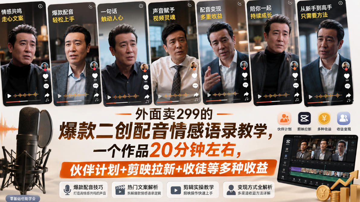外面卖299的爆款二创配音情感语录教学,一个作品20分钟左右,伙伴计划+剪映拉新+收徒等多种收益-悟空知识星球