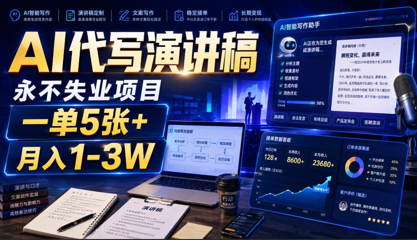 AI代写演讲稿，永不失业项目，一单5张+，月入1-3W【揭秘】-悟空知识星球