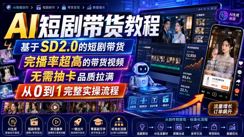 AI短剧带货教程，基于SD2.0的短剧带货，完播率超高的带货视频，无需抽卡品质拉满，从0到1完整实操流程-悟空知识星球