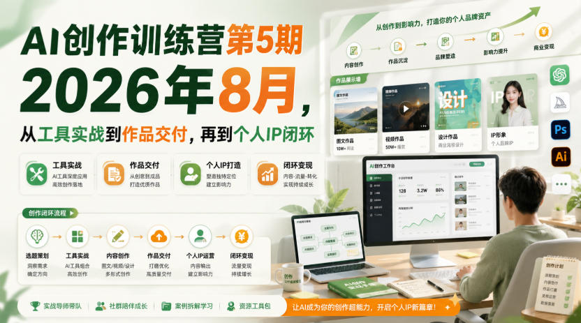 AI创作训练营第5期2026年8月,从工具实战到作品交付,再到个人IP闭环-悟空知识星球