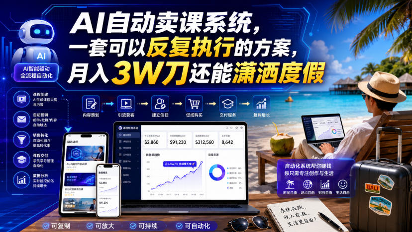 AI自动卖课系统，一套可以反复执行的方案，月入3W刀还能潇洒度假【原创双语字幕】-悟空知识星球