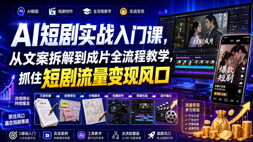 AI短剧实战入门课，从文案拆解到成片全流程教学，抓住短剧流量变现风口-悟空知识星球