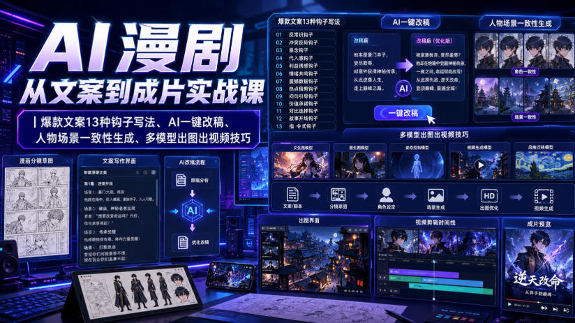 AI漫剧从文案到成片实战课｜爆款文案13种钩子写法、AI一键改稿、人物场景一致性生成、多模型出图出视频技巧-悟空知识星球