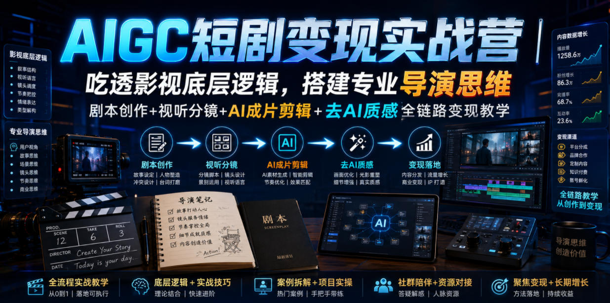AIGC短剧变现实战营|吃透影视底层逻辑,搭建专业导演思维,剧本创作+视听分镜+AI成片剪辑+去AI质感全链路变现教学-悟空知识星球