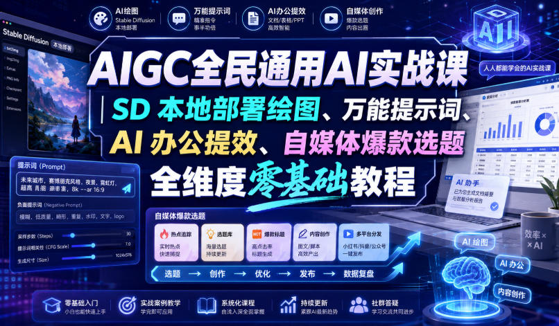 AIGC全民通用AI实战课｜SD本地部署绘图、万能提示词、AI办公提效、自媒体爆款选题全维度零基础教程-悟空知识星球