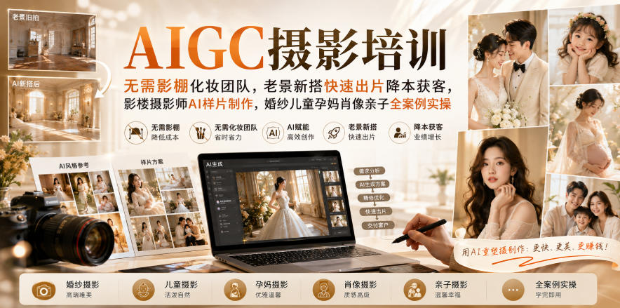 AIGC摄影培训|无需影棚化妆团队,老景新搭快速出片降本获客,影楼摄影师AI样片制作,婚纱儿童孕妈肖像亲子全案例实操-悟空知识星球