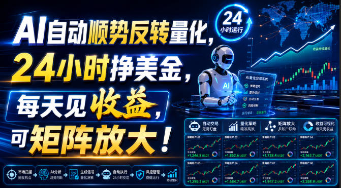 AI自动顺势反转量化,24小时挣美金,每天见收益,可矩阵放大!【揭秘】-悟空知识星球