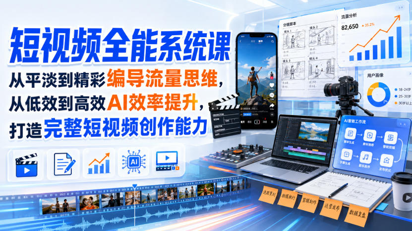 短视频全能系统课，从平淡到精彩编导流量思维，从低效到高效AI效率提升，打造完整短视频创作能力（2026年8月30更新233集）-悟空知识星球