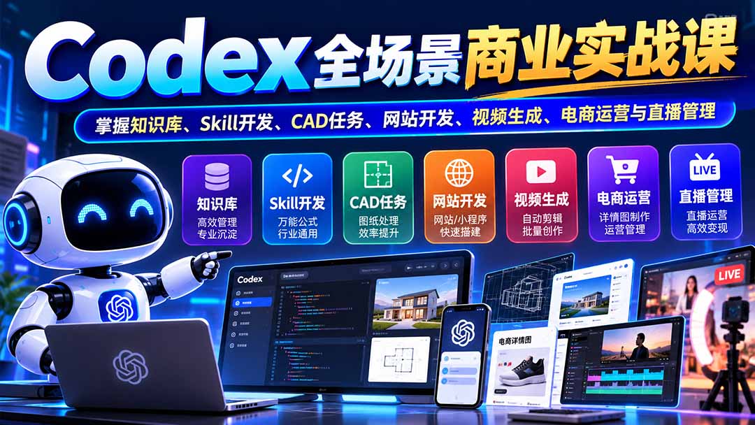 (20712期)【无水印】Codex全场景商业实战课:掌握知识库、Skill开发、CAD任务、网站开发、视频生成、电商运营与直播管理-悟空知识星球