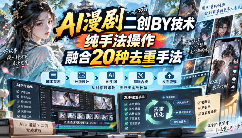 AI漫剧二创搬运技术，纯手法操作，融合20种去重手法-悟空知识星球