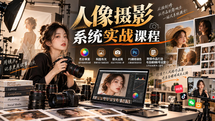 【无水印】人像摄影系统实战课程,色彩审美、构图布光、镜头运用、PS精修调色,附带作品打造与自媒体账号运营-悟空知识星球