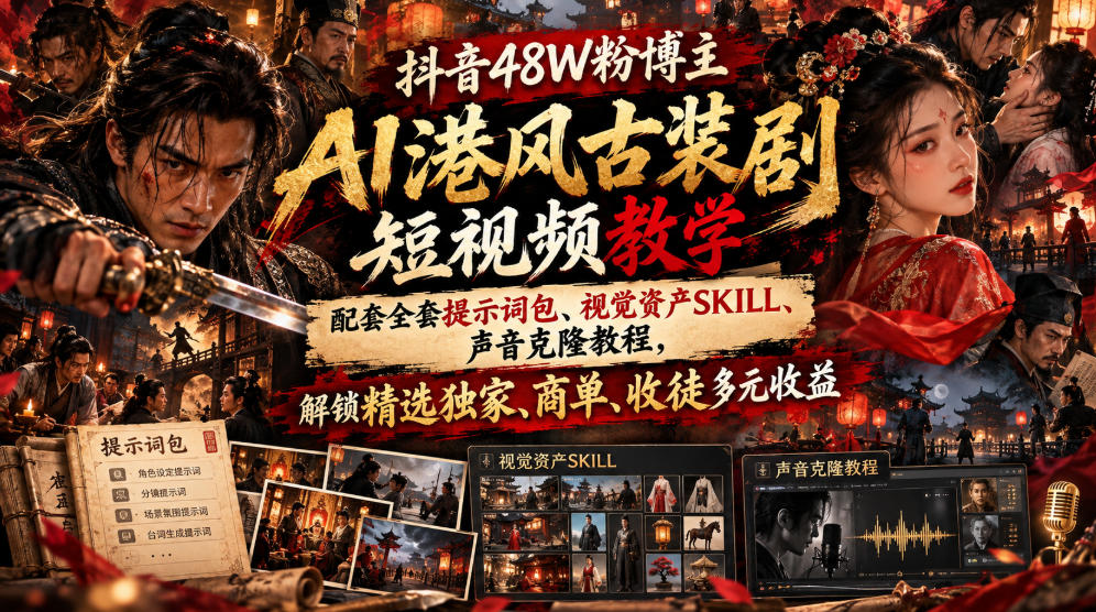 抖音48W粉博主AI港风古装剧短视频教学,配套全套提示词包、视觉资产SKILL、声音克隆教程,解锁精选独家、商单、收徒多元收益-悟空知识星球
