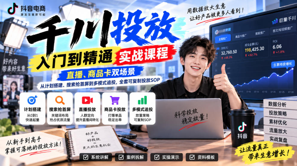 千川投放入门到精通实战课程，直播、商品卡双场景，从计划搭建、搜索抢首屏到多模式追投，全套可复制投放SOP-悟空知识星球