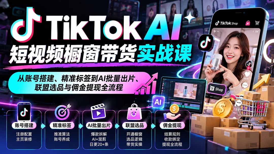 (20725期)TikTok AI短视频橱窗带货实战课:从账号搭建、精准标签到AI批量出片、联盟选品与佣金提现全流程-悟空知识星球