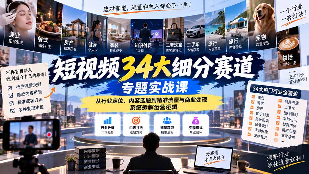 （20600期）短视频34大细分赛道专题实战课：从行业定位、内容选题到精准流量与商业变现，系统拆解运营逻辑-悟空知识星球