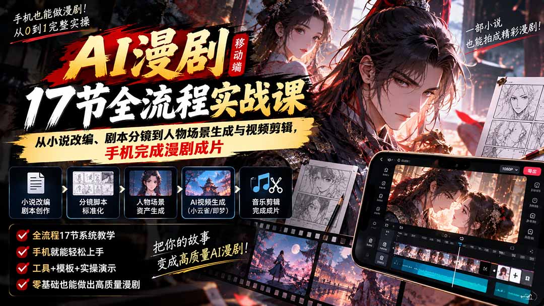 （20624期）AI漫剧移动端17节全流程实战课：从小说改编、剧本分镜到人物场景生成与视频剪辑，手机完成漫剧成片-悟空知识星球