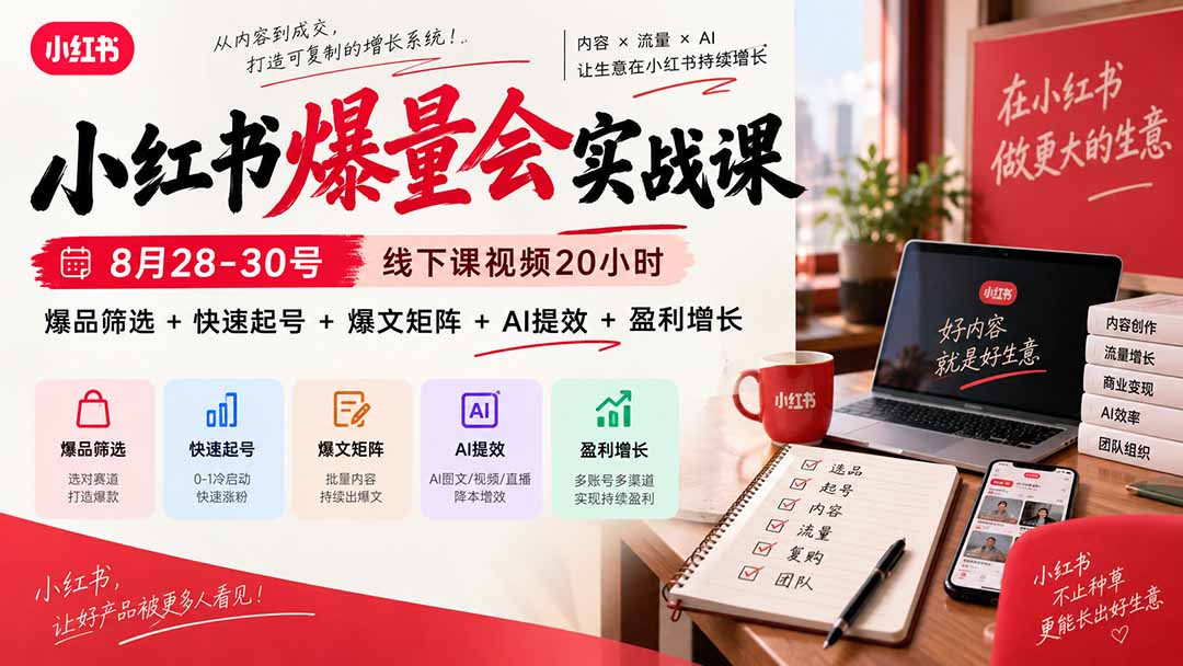 (20359期)小红书爆量会实战课:8月28-30号线下课视频20小时,爆品筛选+快速起号+爆文矩阵+AI提效+盈利增长-悟空知识星球