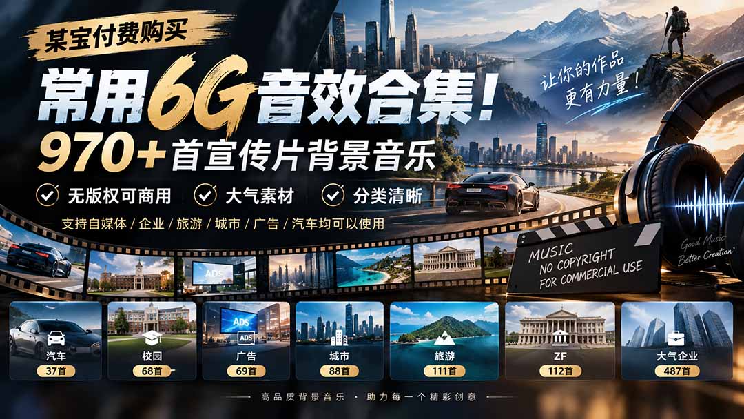 (20603期)某宝付费购买,常用6G音效合集!970+首宣传片背景音乐,无版权可商用大气素材,分类清晰-悟空知识星球