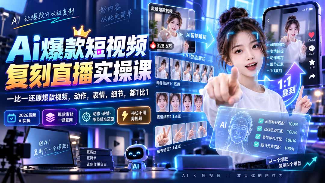 (20304期)最新Ai爆款短视频复刻直播实操课,一比一还原爆款视频,动作,表情,细节,都1比1-悟空知识星球