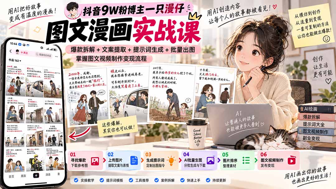 (20584期)抖音9W粉博主一只漫仔图文漫画课:爆款拆解+文案提取+提示词生成+批量出图,掌握图文视频制作变现流程-悟空知识星球