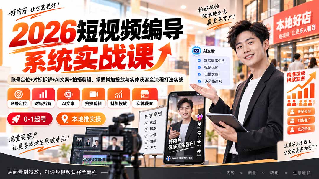 (20305期)2026短视频编导系统实战课:账号定位+对标拆解+AI文案+拍摄剪辑,掌握抖加投放与实体获客全流程打法实战-悟空知识星球