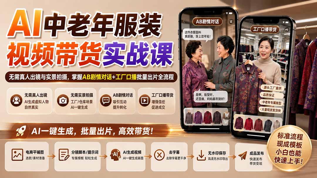 (20198期)AI中老年服装视频带货实战课:无需真人出镜与实景拍摄,掌握AB剧情对话+工厂口播批量出片全流程-悟空知识星球