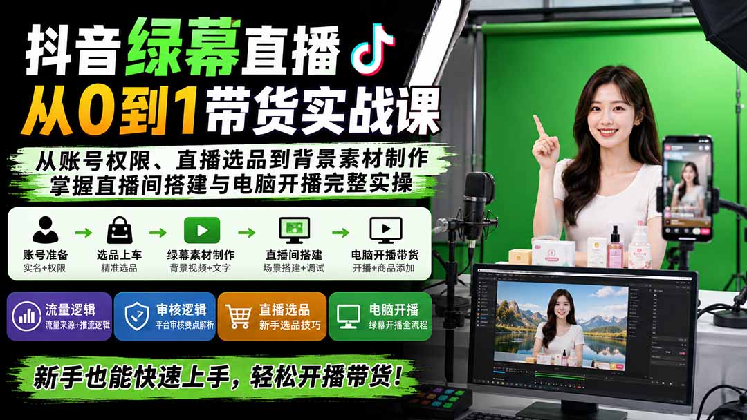 (20224期)抖音绿幕直播从0到1带货实战课:从账号权限、直播选品到背景素材制作,掌握直播间搭建与电脑开播完整实操-悟空知识星球