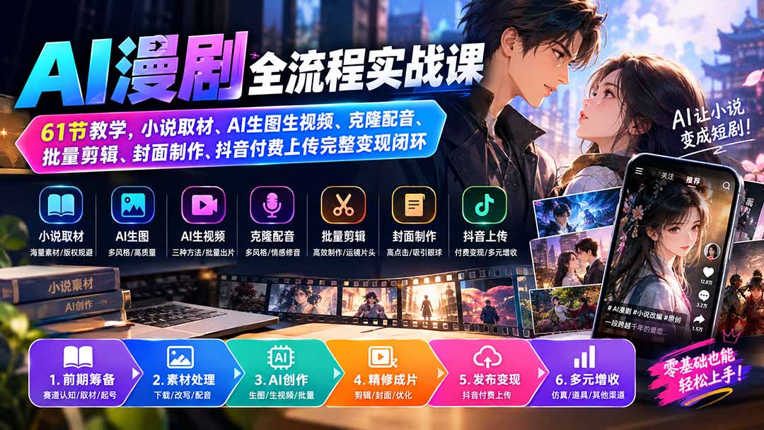 (20199期)AI漫剧全流程实战课|61节教学,小说取材、AI生图生视频、克隆配音、批量剪辑、封面制作、抖音付费上传完整变现闭环-悟空知识星球