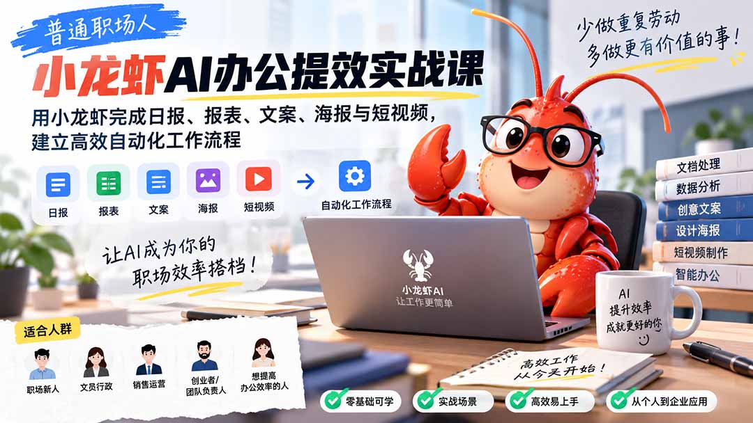 （20379期）普通职场人AI办公提效实战课：用小龙虾完成日报、报表、文案、海报与短视频，建立高效自动化工作流程-悟空知识星球