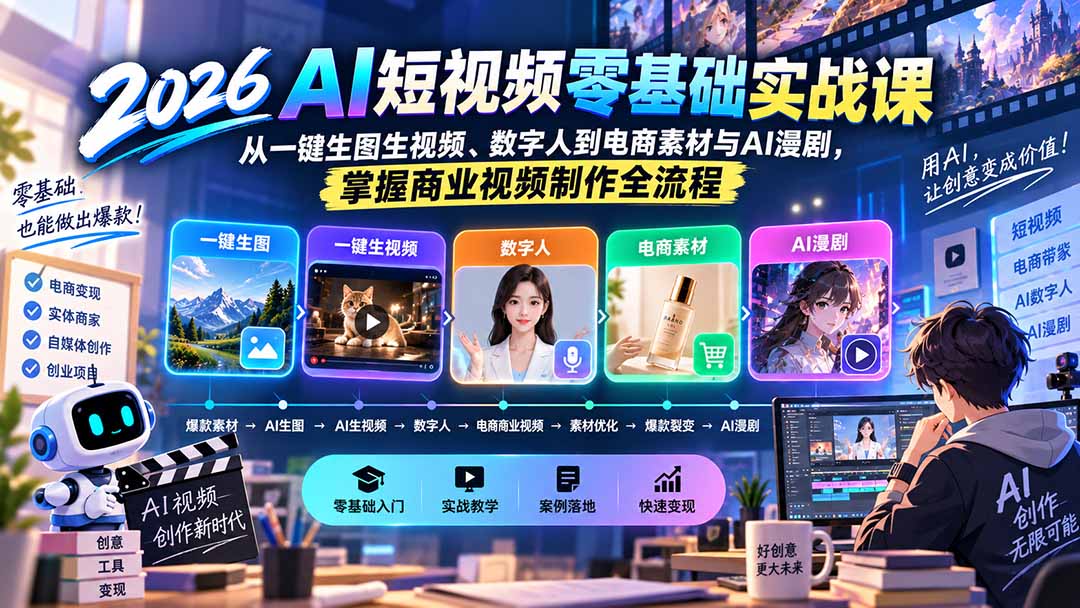 (20263期)2026AI短视频零基础实战课:从一键生图生视频、数字人到电商素材与AI漫剧,掌握商业视频制作全流程-悟空知识星球