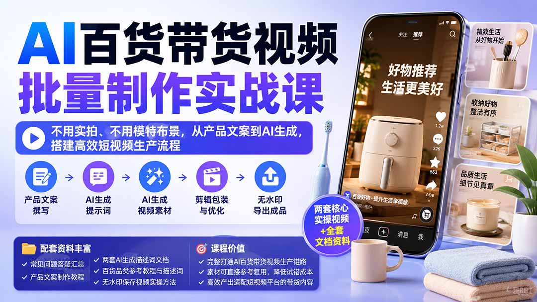 (20179期)AI百货带货视频批量制作实战课:不用实拍、不用模特布景,从产品文案到AI生成,搭建高效短视频生产流程-悟空知识星球