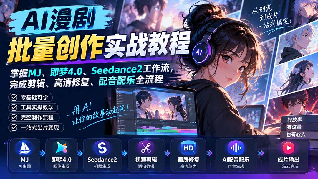 (20488期)AI漫剧批量创作实战教程:掌握MJ、即梦4.0、Seedance2工作流,完成剪辑、高清修复、配音配乐全流程-悟空知识星球