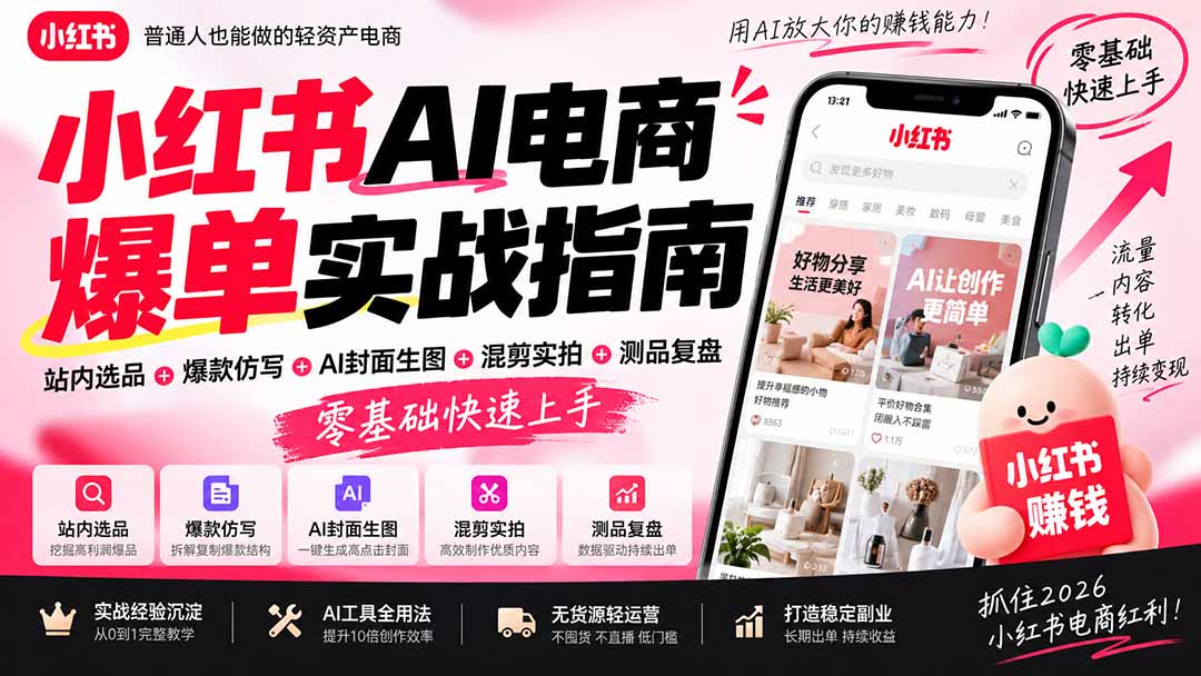 (20516期)2026小红书AI电商爆单实战指南:站内选品+爆款仿写+AI封面生图+混剪实拍+测品复盘,零基础快速上手-悟空知识星球