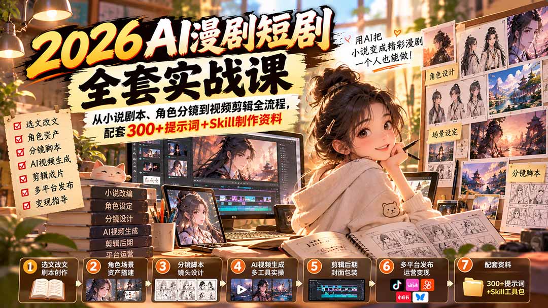 （20629期）2026AI漫剧短剧全套实战课：从小说剧本、角色分镜到视频剪辑全流程，配套300+提示词+Skill制作资料-悟空知识星球