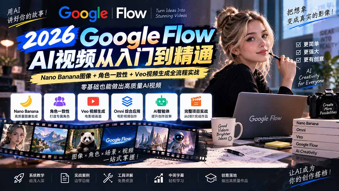 (20608期)【无水印】Google Flow AI视频从入门到精通:Nano Banana图像+角色一致性+Veo视频生成全流程实战-精翻中英字幕-悟空知识星球