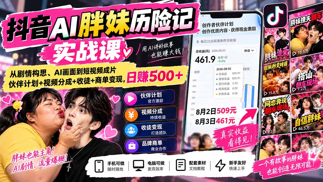 (20489期)抖音AI胖妹历险记实战课:从剧情构思、AI画面到短视频成片,伙伴计划+视频分成+收徒+商单变现,日赚500+-悟空知识星球