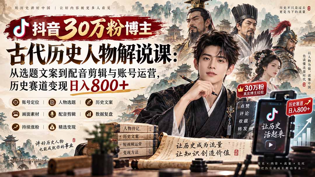 （20441期）抖音30万粉博主古代历史人物解说课：从选题文案到配音剪辑与账号运营，历史赛道变现日入800+-悟空知识星球