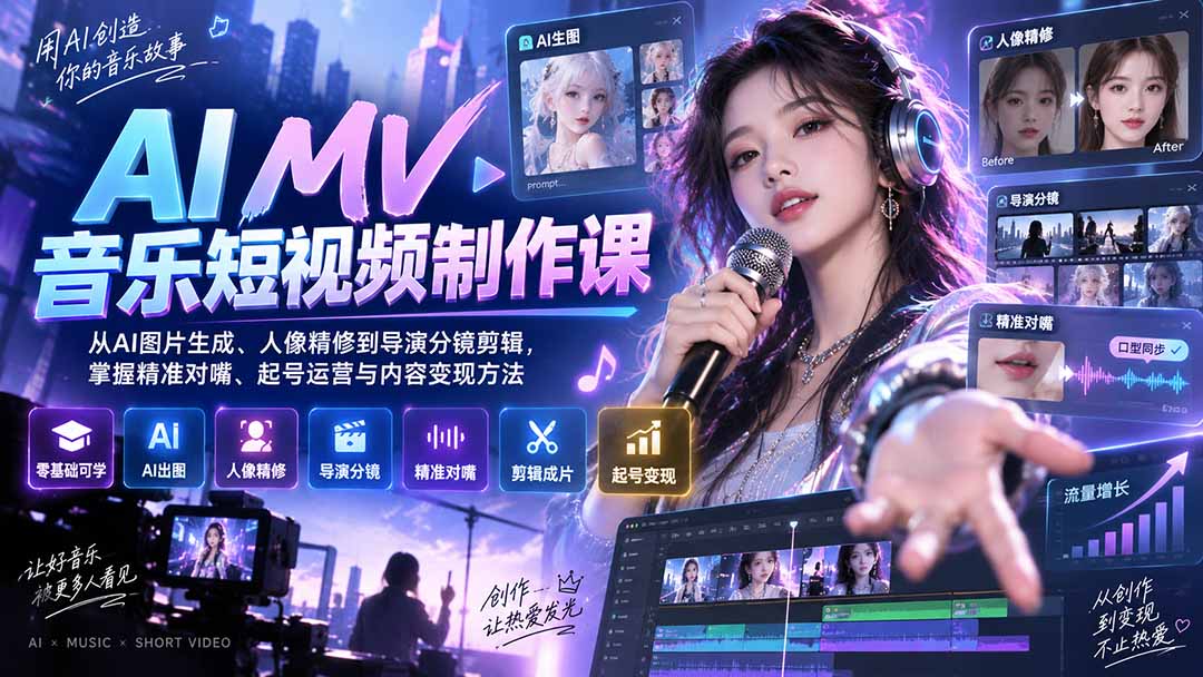 (20364期)AI MV音乐短视频制作课:从AI图片生成、人像精修到导演分镜剪辑,掌握精准对嘴、起号运营与内容变现方法-悟空知识星球